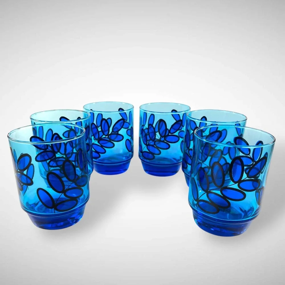 Set of 6 Electric Blue Glass Tumblers Abstract Leaf‎ Design Vintage Barware
